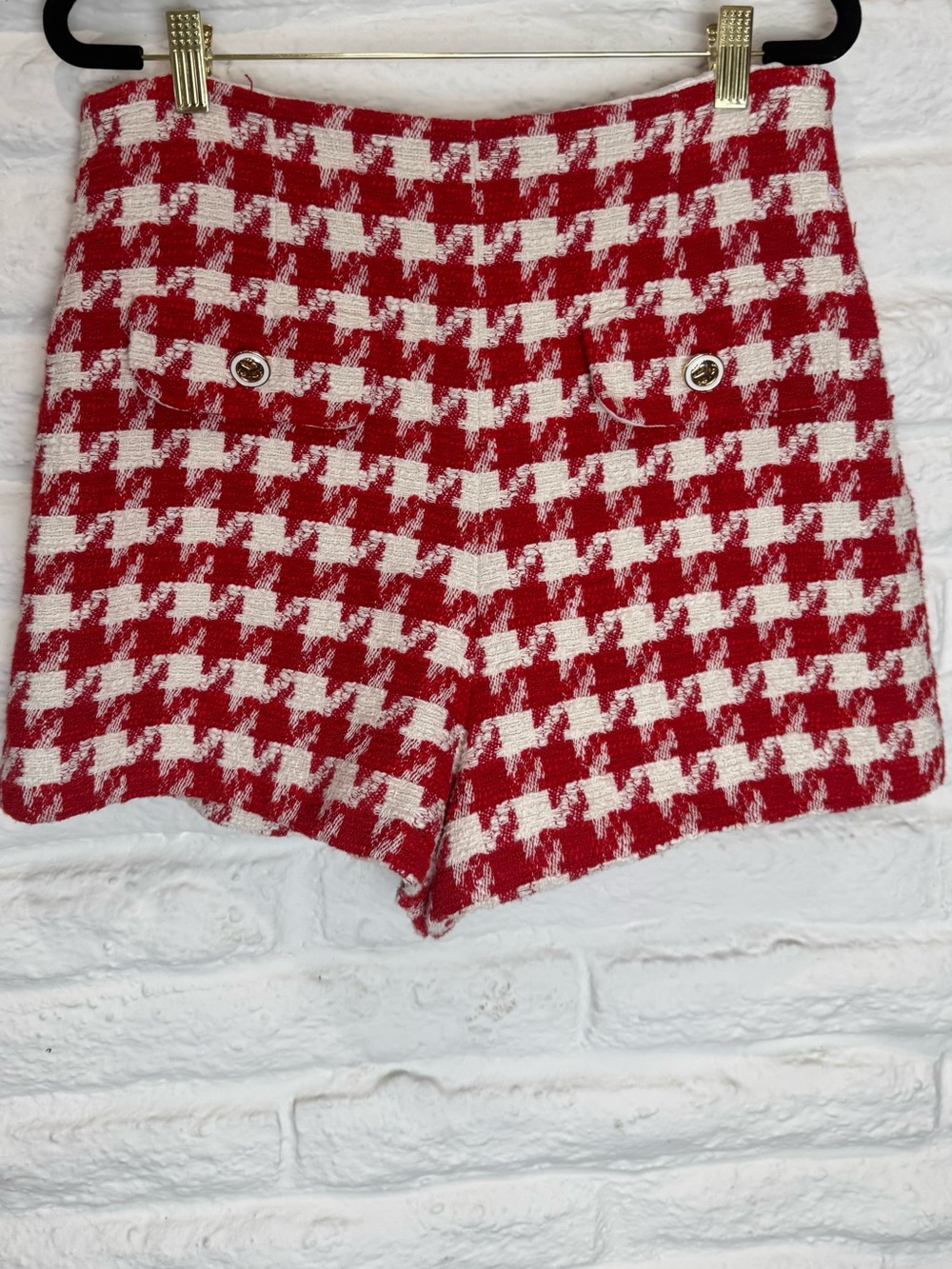 Sandro Red and White Houndstooth Tweed Shorts